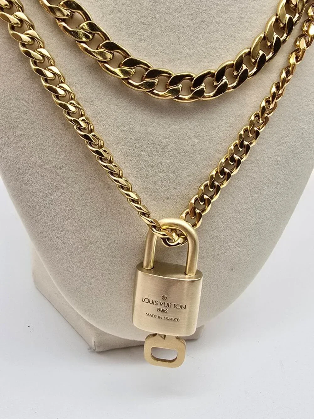 Authentic Louis Vuityon Gold Padlock Pendant with Stainless Steel 2 Cuban Style